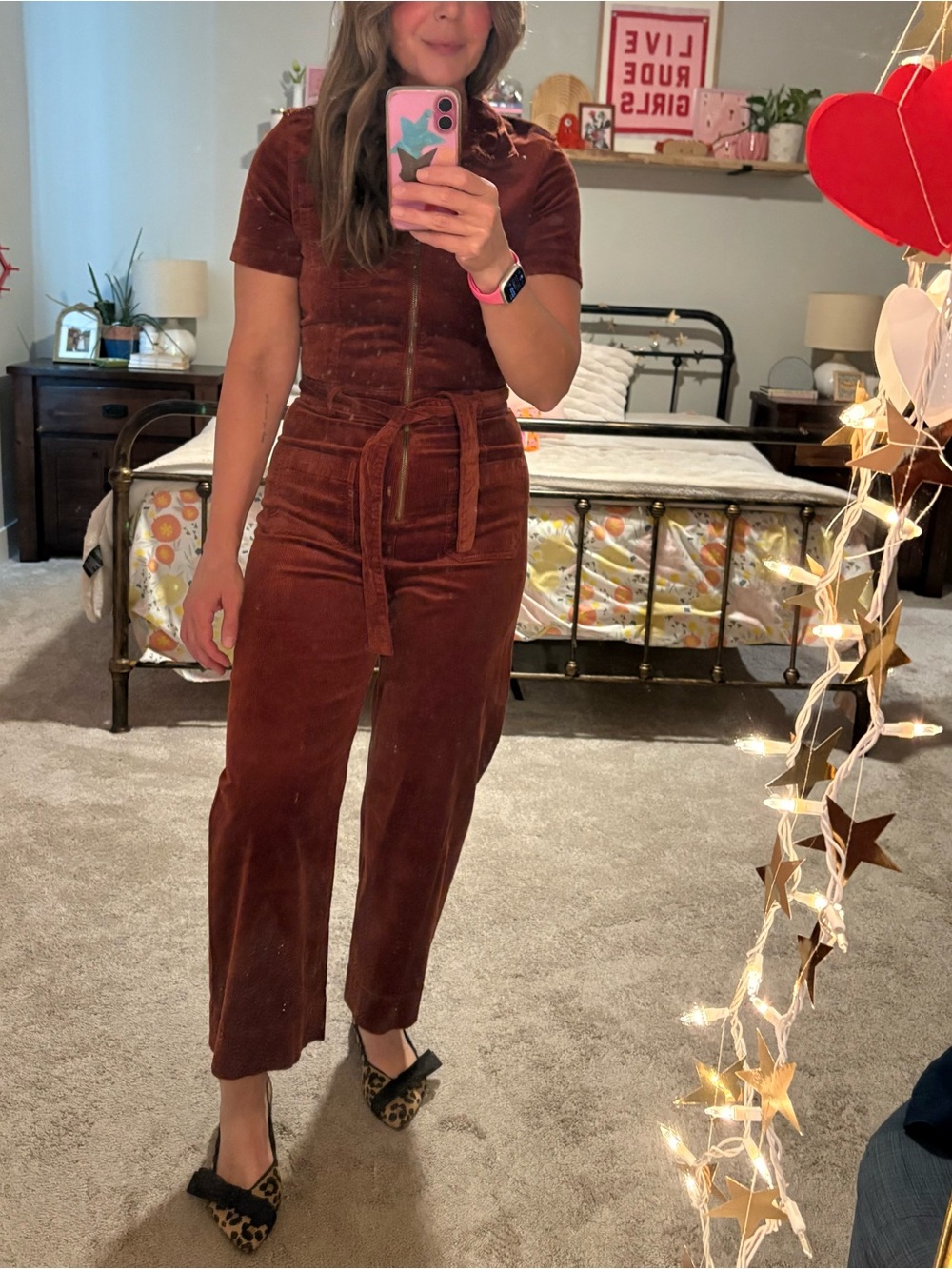 Maeve Rust Brown Velvet Short-Sleeve Jumpsuit with Tie Waist